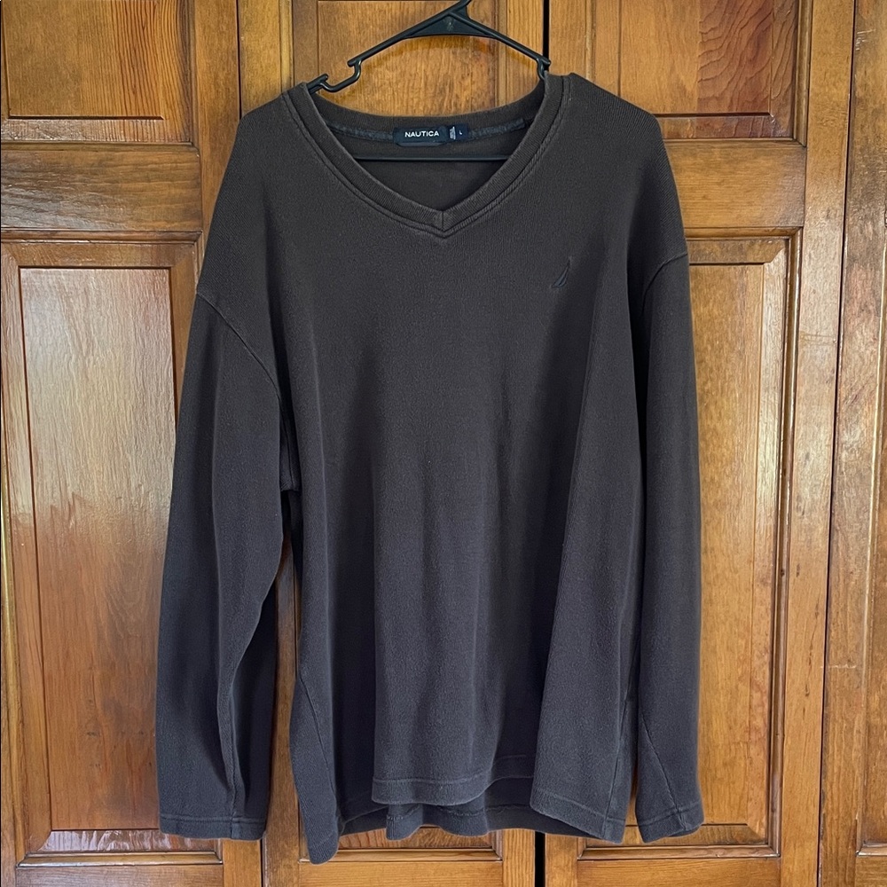 Nautica Men's Dark Brown V-Neck Sweater 100% Cotton
